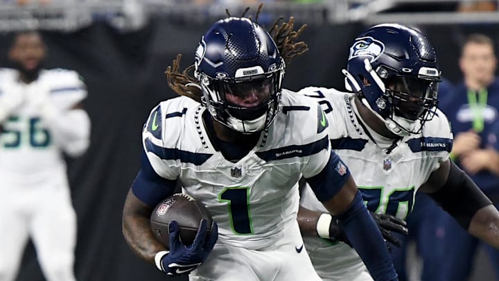 Sep 30, 2024; Detroit, Michigan, USA; Seattle Seahawks wide receiver Laviska Shenault Jr. (1) runs the ball against the Detroit Lions in the third quarter at Ford Field.
