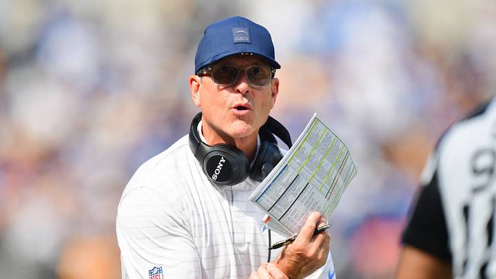Oct 19, 2025; Inglewood, California, USA; Los Angeles Chargers head coach Jim Harbaugh reacts in the first half against the Indianapolis Colts at SoFi Stadium. Mandatory Credit: Gary A. Vasquez-Imagn Images
