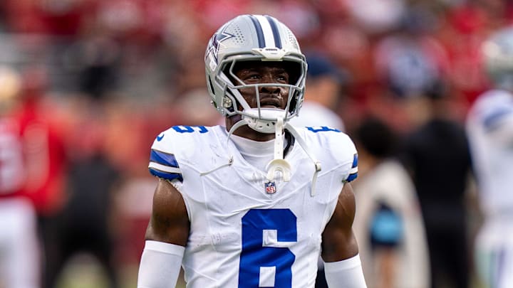 Oct 27, 2024; Santa Clara, California, USA; Dallas Cowboys safety Donovan Wilson (6) during warmups before the start of the game against the San Francisco 49ers at Levi's Stadium. Mandatory Credit: Neville E. Guard-Imagn Images