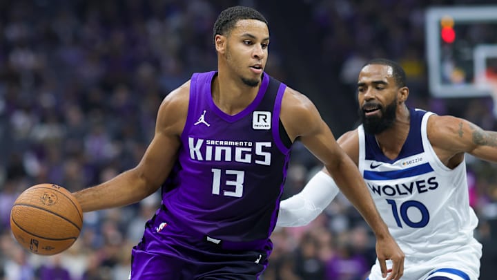 Nov 15, 2024; Sacramento, California, USA; Sacramento Kings forward Keegan Murray (13) dribbles the ball against Minnesota Timberwolves guard Mike Conley (10) during the first quarter at Golden 1 Center. Mandatory Credit: Sergio Estrada-Imagn Images Nov 15, 2024; Sacramento, California, USA; Sacramento Kings forward Keegan Murray (13) dribbles the ball against Minnesota Timberwolves guard Mike Conley (10) during the first quarter at Golden 1 Center. Mandatory Credit: Sergio Estrada-Imagn Images