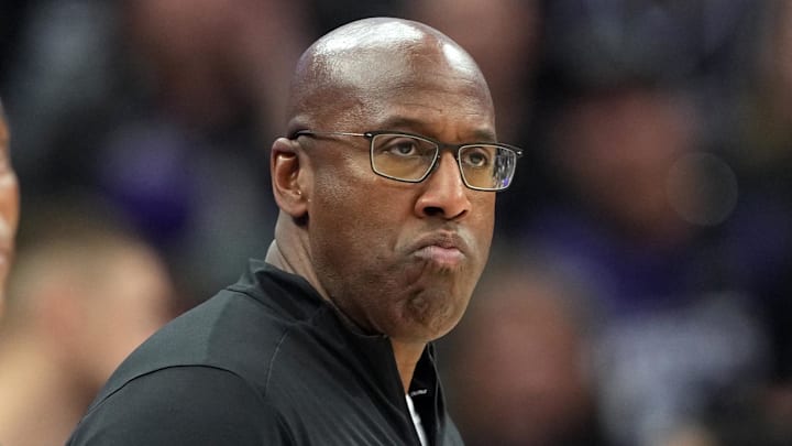 Nov 24, 2024; Sacramento, California, USA; Sacramento Kings head coach Mike Brown reacts after receiving a technical foul during the second quarter against the Brooklyn Nets at Golden 1 Center. Mandatory Credit: Darren Yamashita-Imagn Images