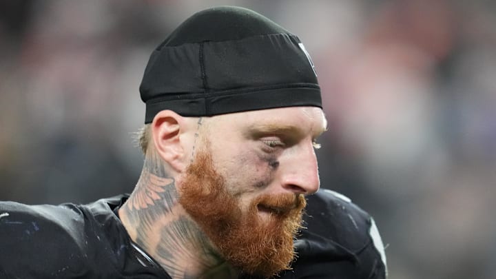 Dec 7, 2025; Paradise, Nevada, USA;  Las Vegas Raiders defensive end Maxx Crosby (98) leaves the field following a game against the Denver Broncos at Allegiant Stadium. Mandatory Credit: Stephen R. Sylvanie-Imagn Images