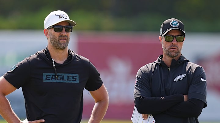 Philadelphia Eagles head coach Nick Sirianni (L) and offensive coordinator Kevin Patullo (R) Philadelphia Eagles head coach Nick Sirianni (L) and offensive coordinator Kevin Patullo (R)