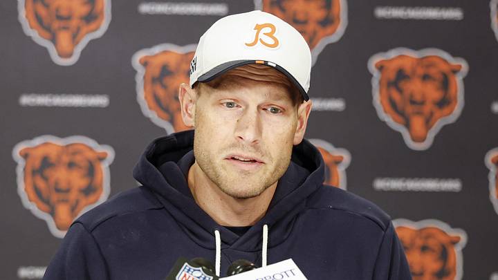 Chicago Bears head coach Ben Johnson addresses the media at Halas Hall before Rookie Minicamp.