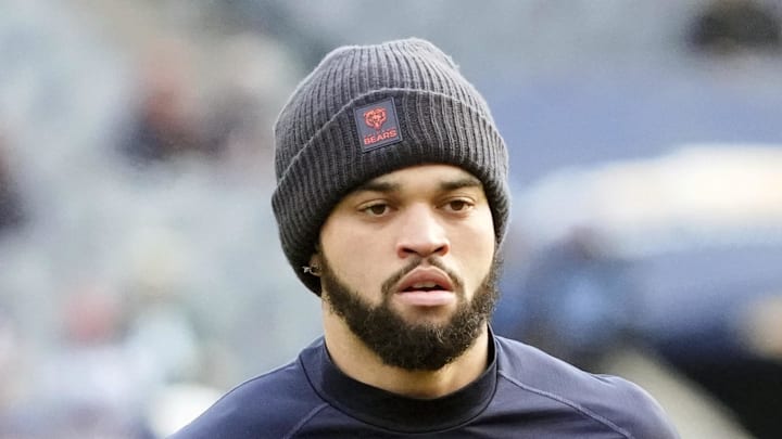 Jan 4, 2026; Chicago, Illinois, USA; Chicago Bears quarterback Caleb Williams (18) warms up before the game between the Chicago Bears and the Detroit Lions at Soldier Field. Mandatory Credit: David Banks-Imagn Images