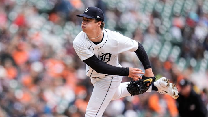 Detroit Tigers pitcher Jackson Jobe (21) throws against San Francisco Giants during the second inning at Comerica Park in Detroit on Wednesday, May 28, 2025.