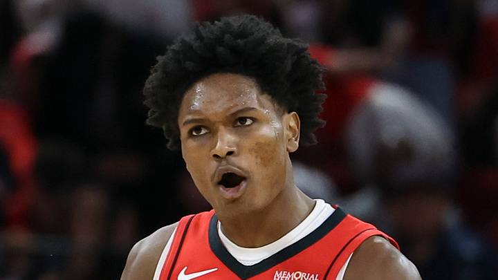 Houston Rockets guard Amen Thompson (1) reacts after a play during the third quarter against the Orlando Magic at Toyota Center on Nov 16, 2025. Houston Rockets guard Amen Thompson (1) reacts after a play during the third quarter against the Orlando Magic at Toyota Center on Nov 16, 2025.