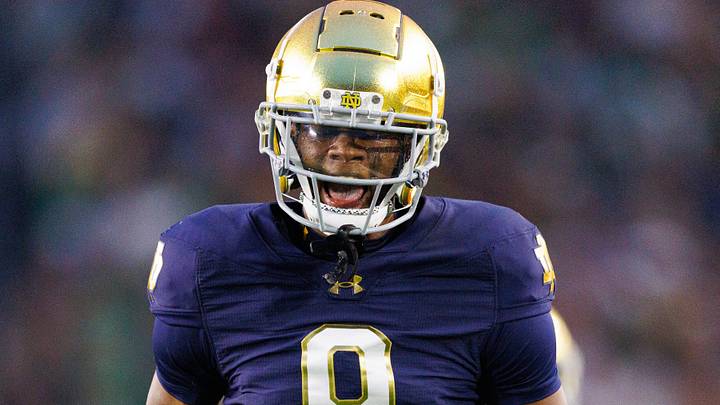 Notre Dame safety Tae Johnson celebrates after getting a stop in the first half of a NCAA football game against Texas A&M.