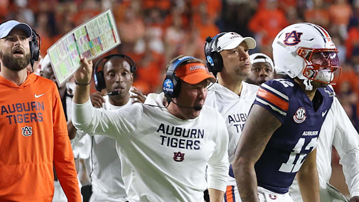 Oct 11, 2025; Auburn, Alabama, USA;  Auburn Tigers head coach Hugh Freeze reacts to a call during the second quarter against the Georgia Bulldogs at Jordan-Hare Stadium. Mandatory Credit: John Reed-Imagn Images