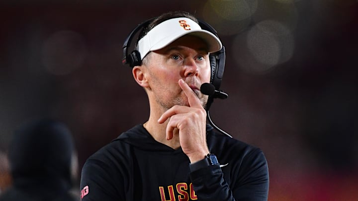 Nov 7, 2025; Los Angeles, California, USA; Southern California Trojans head coach Lincoln Riley watches game action against the Northwestern Wildcats during the second half at the Los Angeles Memorial Coliseum. Mandatory Credit: Gary A. Vasquez-Imagn Images
