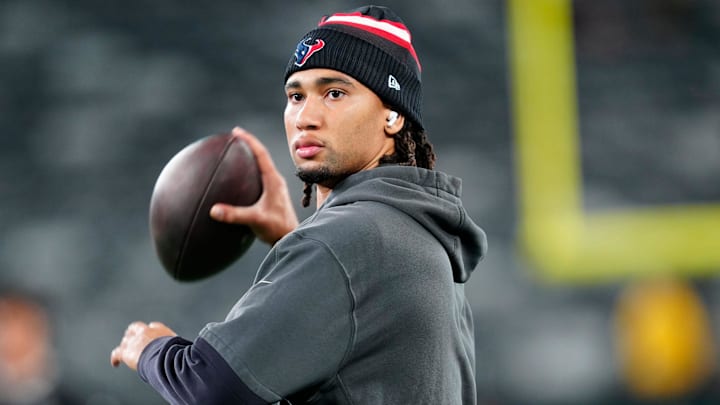 Houston Texans quarterback C.J. Stroud (7) is shown preparing for the game at MetLife Stadium, Thursday, October 31, 2024, in East Rutherford.
