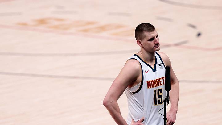 Mar 15, 2021; Denver, Colorado, USA; Denver Nuggets center Nikola Jokic (15) is interviewed after Mar 15, 2021; Denver, Colorado, USA; Denver Nuggets center Nikola Jokic (15) is interviewed after