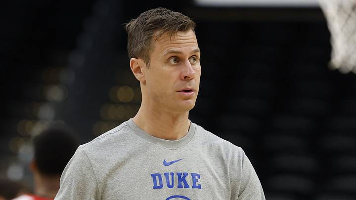 Mar 26, 2026; Washington, DC, USA; Duke Blue Devils head coach Jon Scheyer stands on the court during a practice session ahead of the east regional of the men's 2026 NCAA Tournament at Capital One Arena. Mandatory Credit: Geoff Burke-Imagn Images