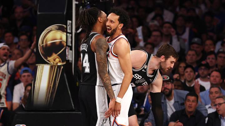 Jun 8, 2026; New York, New York, USA; San Antonio Spurs guard Devin Vassell (24) and New York Knicks guard Landry Shamet (44) react during Game 3 of the 2026 NBA Finals in the third quarter at Madison Square Garden. Jun 8, 2026; New York, New York, USA; San Antonio Spurs guard Devin Vassell (24) and New York Knicks guard Landry Shamet (44) react during Game 3 of the 2026 NBA Finals in the third quarter at Madison Square Garden.