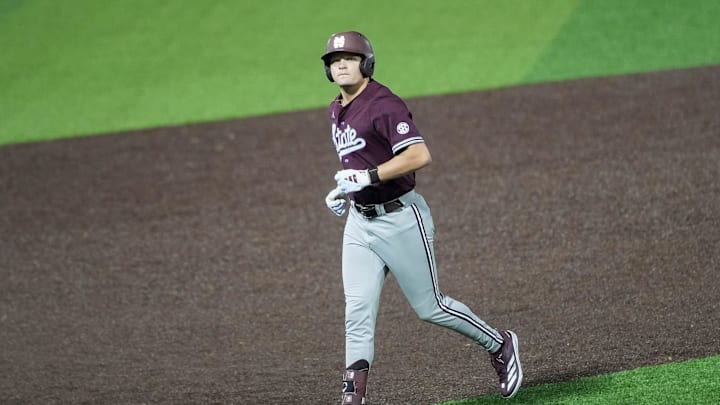 Mississippi State's Hunter Hines (44) runs to the dugout between innings during the game between Mississippi State and the University of Memphis at FedExPark in Memphis, Tenn., on Tuesday, April 1, 2025.