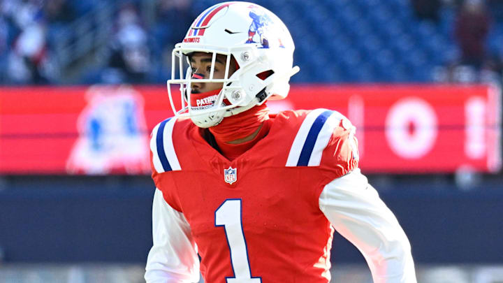 Dec 1, 2024; Foxborough, Massachusetts, USA; New England Patriots wide receiver Ja'Lynn Polk (1) warms up before a game against the Indianapolis Colts at Gillette Stadium. Mandatory Credit: Eric Canha-Imagn Images