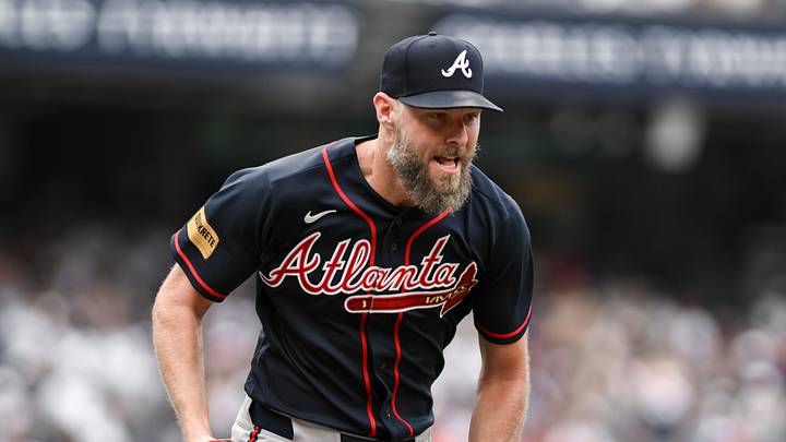 Aug 8, 2026; Bronx, New York, USA; Atlanta Braves pitcher Chris Sale (51) fields a ground ball hit by New York Yankees third baseman Amed Rosario (not pictured) and races to first base for the force out during the second inning at Yankee Stadium. Mandatory Credit: John Jones-Imagn Images Aug 8, 2026; Bronx, New York, USA; Atlanta Braves pitcher Chris Sale (51) fields a ground ball hit by New York Yankees third baseman Amed Rosario (not pictured) and races to first base for the force out during the second inning at Yankee Stadium. Mandatory Credit: John Jones-Imagn Images