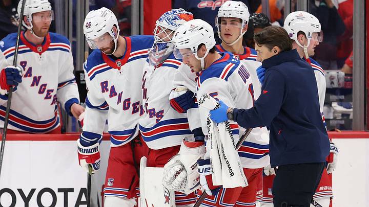Oct 9, 2026; Washington, District of Columbia, USA; New York Rangers goaltender Igor Shesterkin (31) is helped off the ice after being injured against the Washington Capitals during the second period at Capital One Arena. Mandatory Credit: Geoff Burke-Imagn Images