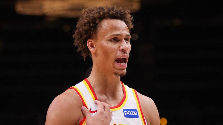 Atlanta Hawks guard Dyson Daniels (5) reacts against the Orlando Magic at State Farm Arena on November 4, 2025.