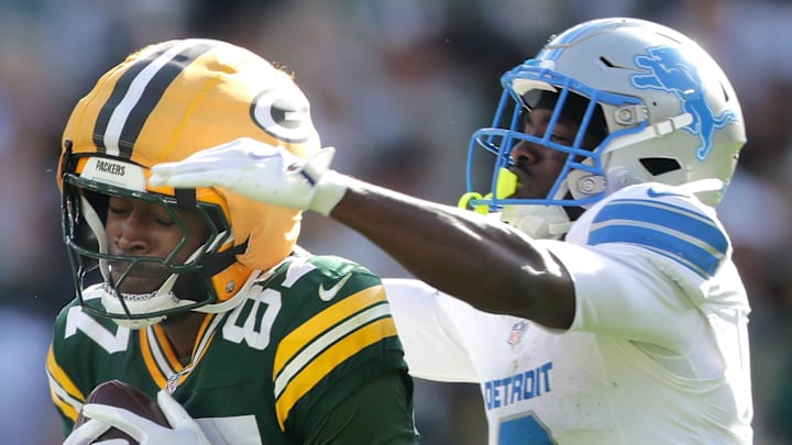Green Bay Packers running back Josh Jacobs catches a pass against Detroit Lions cornerback Terrion Arnold (6) Green Bay Packers running back Josh Jacobs catches a pass against Detroit Lions cornerback Terrion Arnold (6)