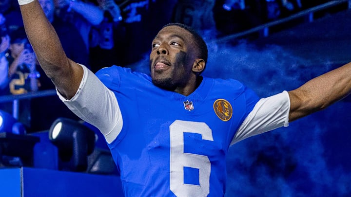 Nov 27, 2025; Detroit, Michigan, USA; Detroit Lions cornerback Terrion Arnold (6) runs onto the field prior to the game against the Green Bay Packers at Ford Field. Mandatory Credit: David Reginek-Imagn Images
