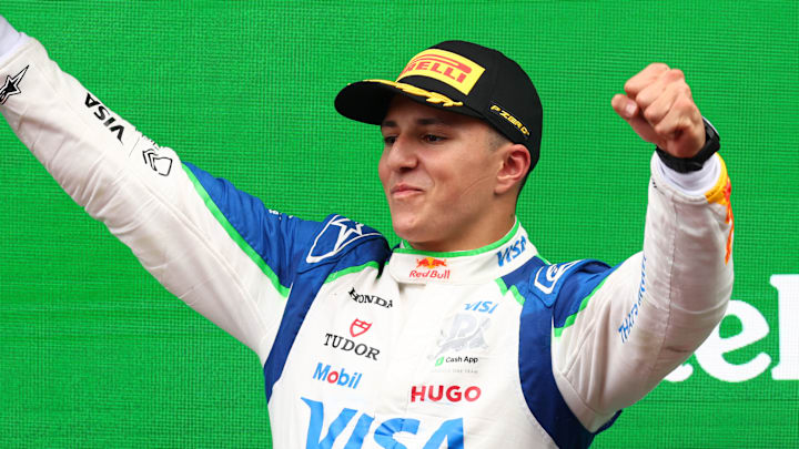 Isack Hadjar, Racing Bulls, celebrates his podium after a third-placed finish at the F1 2025 Dutch Grand Prix, Circuit Zandvoort