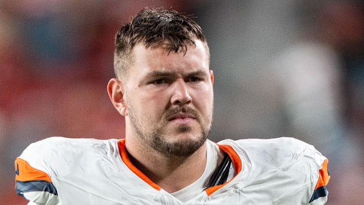 August 9, 2025; Santa Clara, California, USA; Denver Broncos offensive tackle Alex Palczewski (63) after the game against the San Francisco 49ers at Levi's Stadium. Mandatory Credit: Kyle Terada-Imagn Images