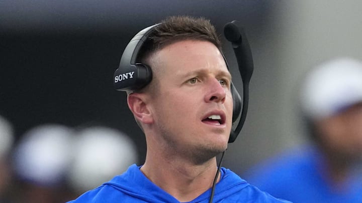 Aug 16, 2025; Inglewood, California, USA; Los Angeles Rams offensive coordinator Mike LaFleur reacts against the Los Angeles Chargers in the second half at SoFi Stadium. Mandatory Credit: Kirby Lee-Imagn Images