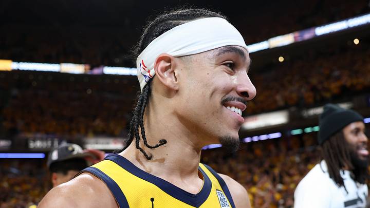 May 31, 2025; Indianapolis, Indiana, USA; Indiana Pacers guard Andrew Nembhard (2) reacts after game six of the eastern conference finals against the New York Knicks for the 2025 NBA Playoffs at Gainbridge Fieldhouse. Mandatory Credit: Trevor Ruszkowski-Imagn Images