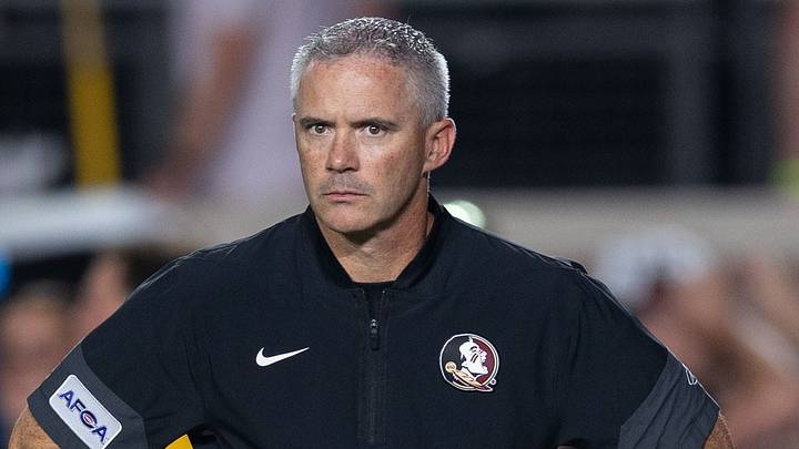 Florida State football coach Mike Norvell stands on the field during warmups before his team faced SMU at Doak Campbell Stadium on Monday, Sept. 7, 2026.
