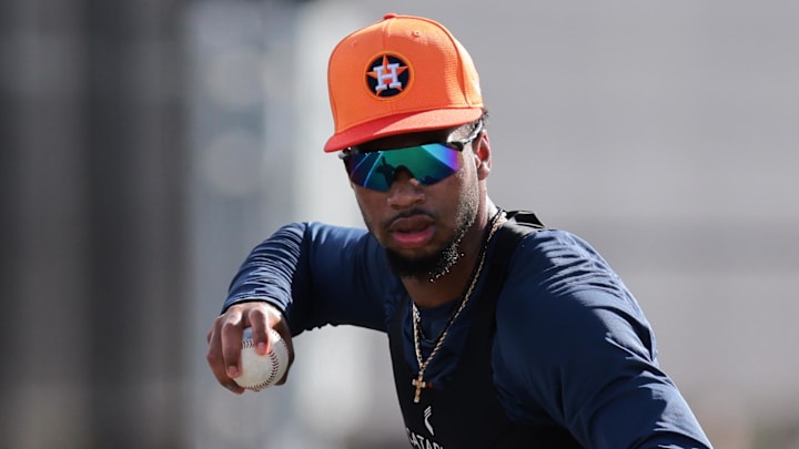 Feb 14, 2025; West Palm Beach, FL, USA; Houston Astros infielder Brice Matthews (86) works out during spring training at CACTI Park of the Palm Beaches