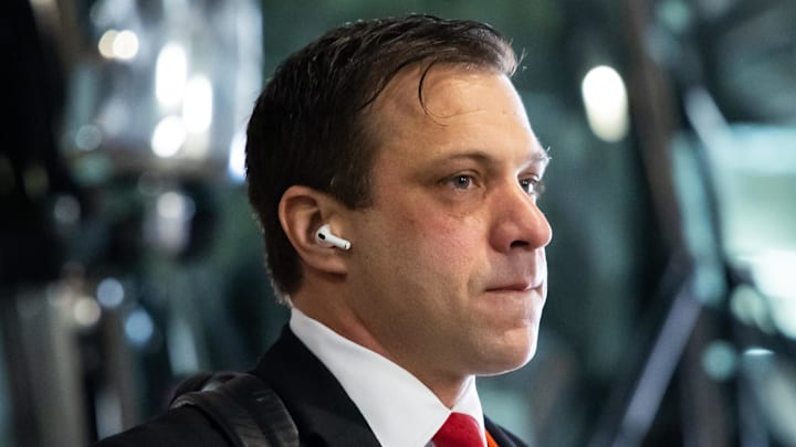 Feb 11, 2024; Paradise, Nevada, USA; Kansas City Chiefs general manager Brett Veach arrives before Super Bowl LVIII against the San Francisco 49ers at Allegiant Stadium. Mandatory Credit: Mark J. Rebilas-USA TODAY Sports