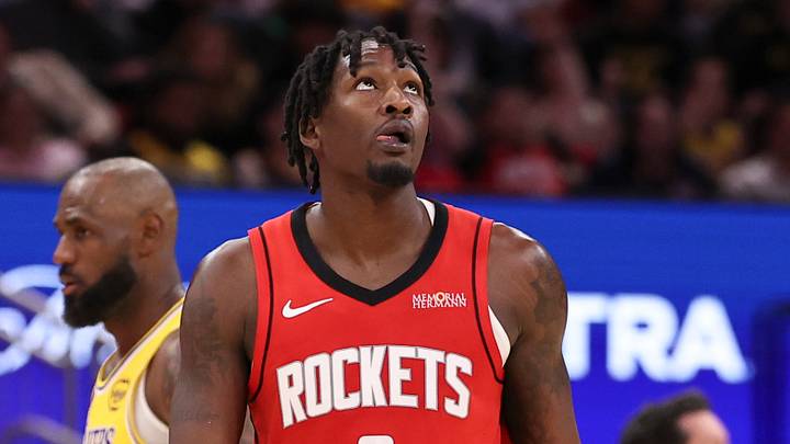 Mar 16, 2026; Houston, Texas, USA; Houston Rockets forward Dorian Finney-Smith (2) reacts after a turover during the fourth quarter against the Los Angeles Lakers at Toyota Center. Mandatory Credit: Troy Taormina-Imagn Images