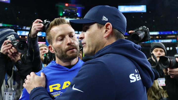 Jan 25, 2026; Seattle, WA, USA; Seattle Seahawks head coach Mike MacDonald greets Los Angeles Rams head coach Sean McVay on field after the 2026 NFC Championship Game at Lumen Field. Mandatory Credit: Kevin Ng-Imagn Images