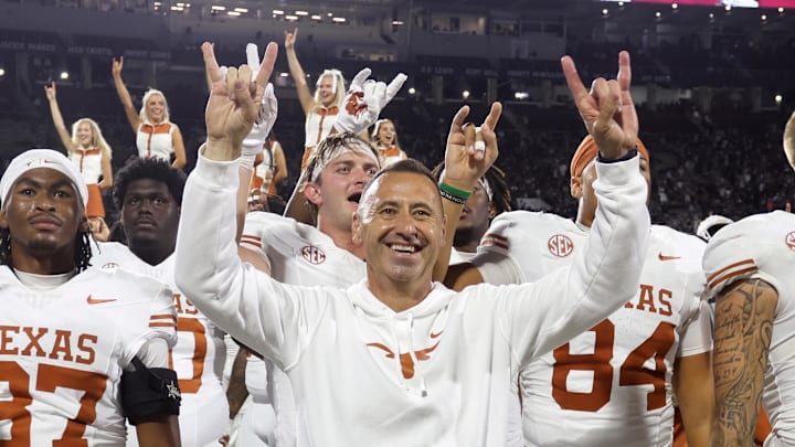 Texas Longhorns head coach Steve Sarkisian reacts after beating the Mississippi State Bulldogs in overtime at Davis Wade Stadium at Scott Field. 
