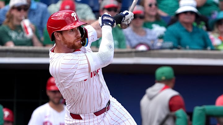 Mar 17, 2024; Clearwater, Florida, USA; Philadelphia Phillies outfielder Jordan Luplow (48) hits a