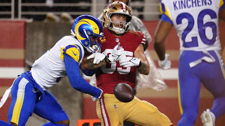 Dec 12, 2024; Santa Clara, California, USA; Los Angeles Rams safety Kamren Curl (3) breaks up a pass intended for San Francisco 49ers tight end George Kittle (85) in the second quarter at Levi's Stadium. Mandatory Credit: Cary Edmondson-Imagn Images Dec 12, 2024; Santa Clara, California, USA; Los Angeles Rams safety Kamren Curl (3) breaks up a pass intended for San Francisco 49ers tight end George Kittle (85) in the second quarter at Levi's Stadium. Mandatory Credit: Cary Edmondson-Imagn Images