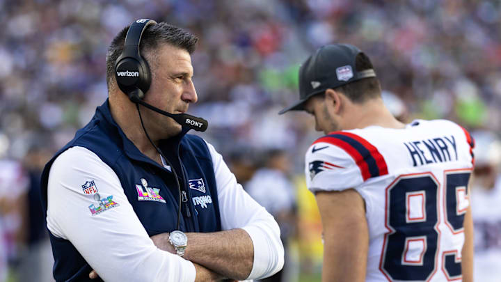 Feb 8, 2026; Santa Clara, CA, USA; New England Patriots head coach Mike Vrabel against the Seattle Seahawks during Super Bowl LX at Levi's Stadium. Mandatory Credit: Mark J. Rebilas-Imagn Images