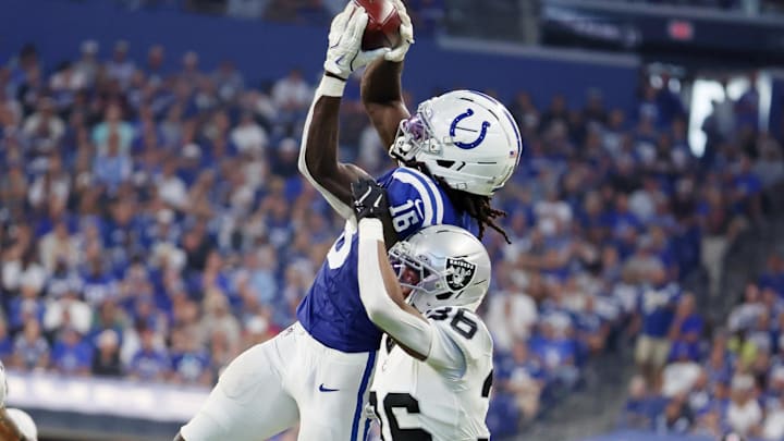 Oct 5, 2025; Indianapolis, Indiana, USA; Indianapolis Colts wide receiver Ashton Dulin (16) is unable to make a catch against Las Vegas Raiders cornerback Kyu Blu Kelly (36) during the second half at Lucas Oil Stadium. Mandatory Credit: Trevor Ruszkowski-Imagn Images