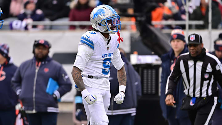 Detroit Lions wide receiver Jameson Williams (9) celebrates after a reception against the Chicago Bears 