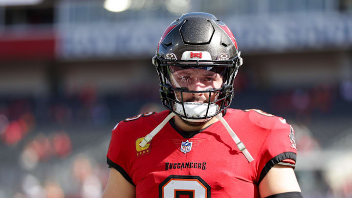 Tampa Bay Buccaneers quarterback Baker Mayfield looks on before a game against the New Orleans Saints.