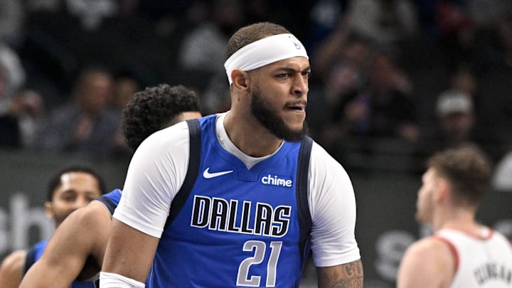 Jan 9, 2025; Dallas, Texas, USA; Dallas Mavericks center Daniel Gafford (21) celebrates during the game between the Dallas Mavericks and the Portland Trail Blazers at the American Airlines Center. Mandatory Credit: Jerome Miron-Imagn Images