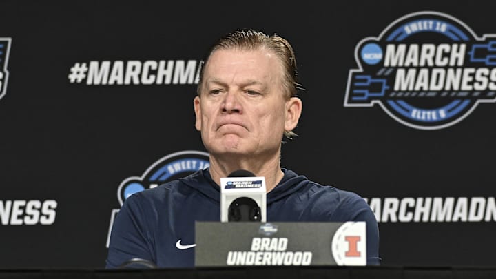 Mar 25, 2026; Houston, TX, USA; Illinois Fighting Illini head coach Brad Underwood speaks during a practice session press conference ahead of the south regional of the men's 2026 NCAA Tournament at Toyota Center. Mandatory Credit: Maria Lysaker-Imagn Images