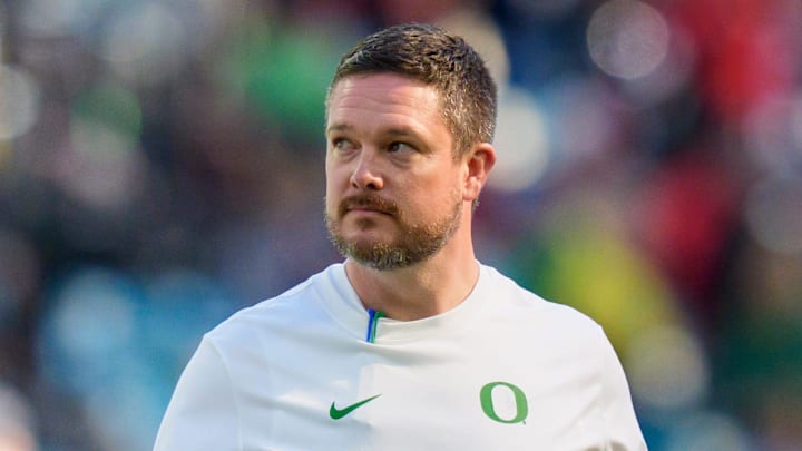 Oregon head coach Dan Lanning walks the field during warmups as the Oregon Ducks take on the Texas Tech Red Raiders in the Orange Bowl on Jan. 1, 2026, at Hard Rock Stadium in Miami, Florida.