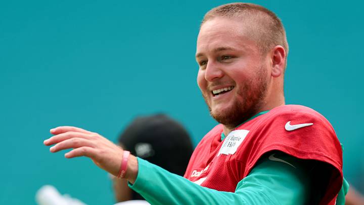 Aug 8, 2026; Miami Gardens, FL, USA; Miami Dolphins quarterback Quinn Ewers (14) works during practice at Hard Rock Stadium. Mandatory Credit: Sam Navarro-Imagn Images