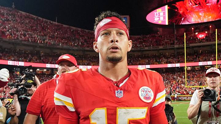 Kansas City Chiefs quarterback Patrick Mahomes (15) after overtime win against the Indianapolis Colts at Arrowhead Stadium.