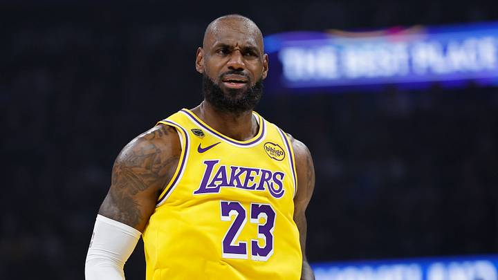 Los Angeles Lakers forward LeBron James (23) reacts after a play against the Oklahoma City Thunder in the first half during game two of the second round of the 2026 NBA Playoffs at Paycom Center on May 7, 2026.