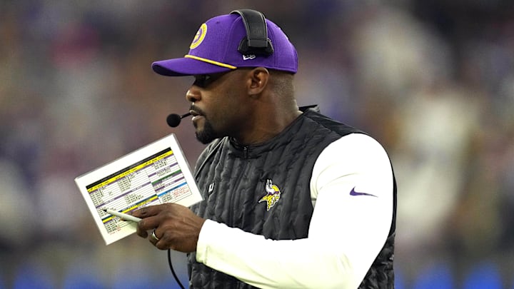 Oct 24, 2024; Inglewood, California, USA; Minnesota Vikings defensive coordinator Brian Flores watches from the sidelines against the Los Angeles Rams in the first half at SoFi Stadium. Mandatory Credit: Kirby Lee-Imagn Images