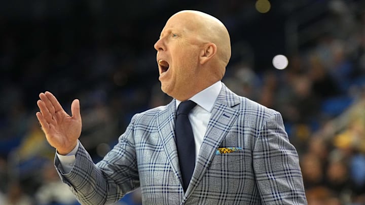 Nov 20, 2024; Los Angeles, California, USA; UCLA Bruins head coach Mick Cronin reacts against the Idaho State Bengals in the first half at Pauley Pavilion presented by Wescom. Mandatory Credit: Kirby Lee-Imagn Images