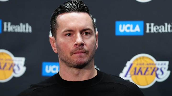 Mar 17, 2025; Los Angeles, California, USA; Los Angeles Lakers coach JJ Redick at press conference at the Crypto.com Arena. Mandatory Credit: Kirby Lee-Imagn Images
